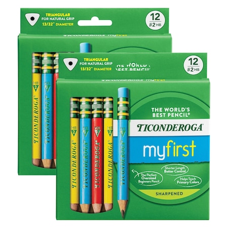 Ticonderoga My First Short Wooden Pencils, Large Triangle Barrel With Eraser, Primary Colors, 24PK X33112